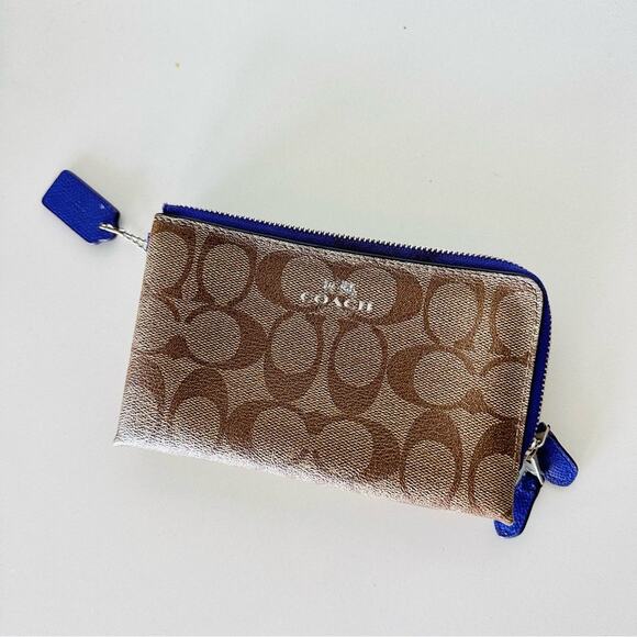 COACH Brown Tan Emblem Logo Purple Zipper Card Holder Wristlet Bag Purse Wallet - Picture 2 of 12